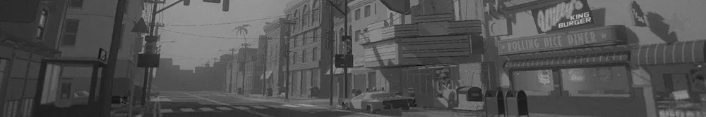 Screenshot of a video game depicting a street view of a californian city during the 60s, with a diner and a cops car parking in front