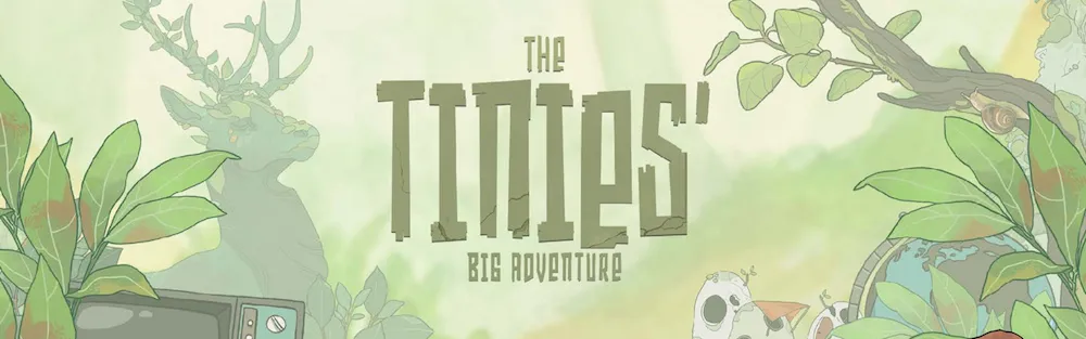 Cover image of the Tinies project, a forest area with a TV and a globe on the ground, with the title of the video game